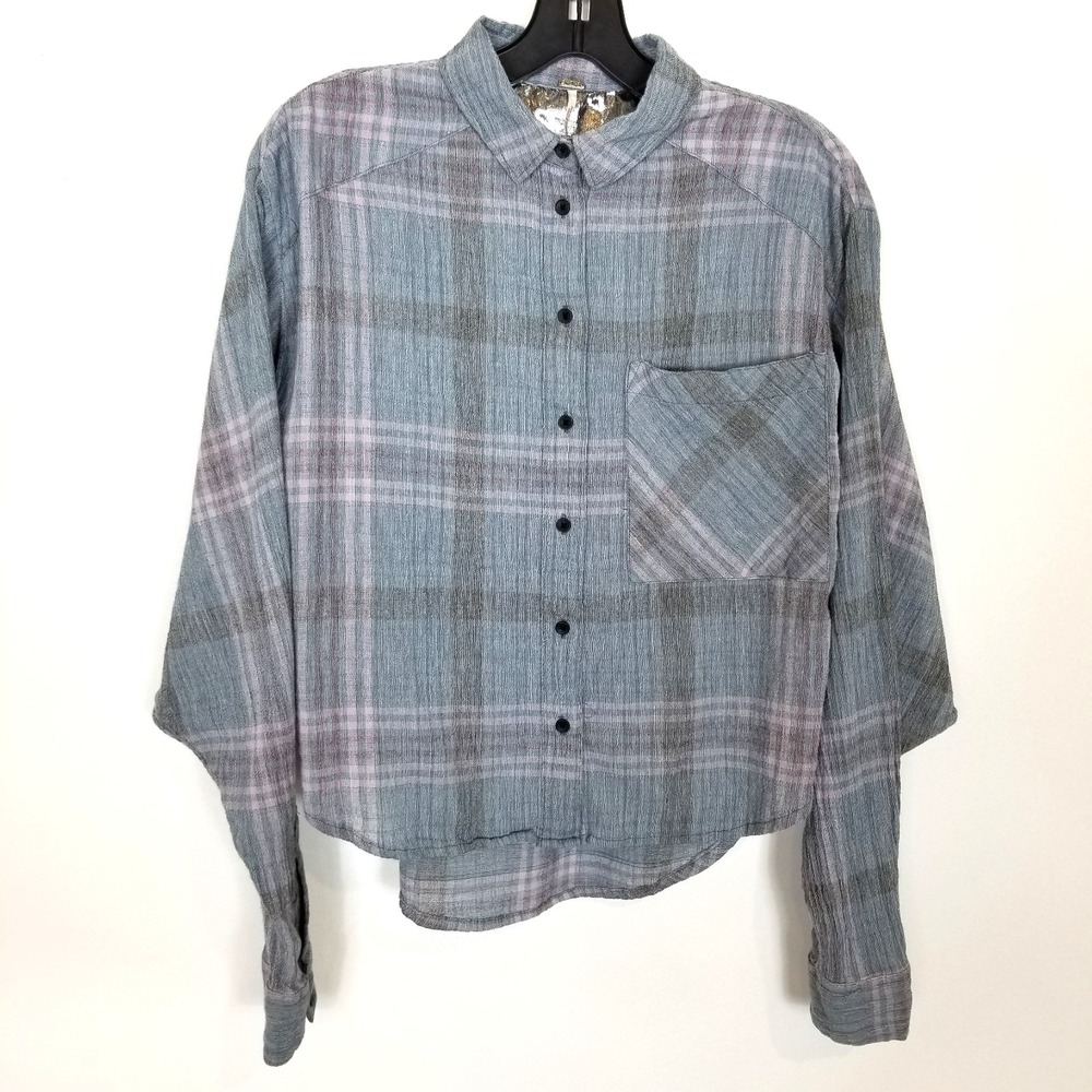 Free People Plaid Button-Down Shirt in Blue and Gray